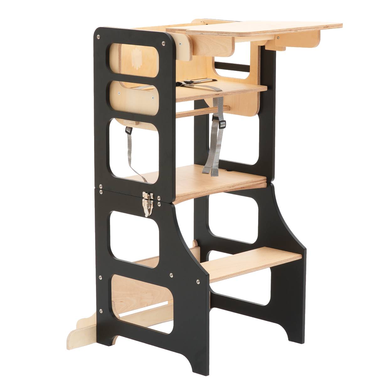 Foldable kitchen tower high chair with a slide