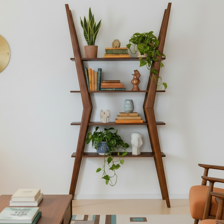 Wooden ladder shelf in a living room with books, plants, and decor items.