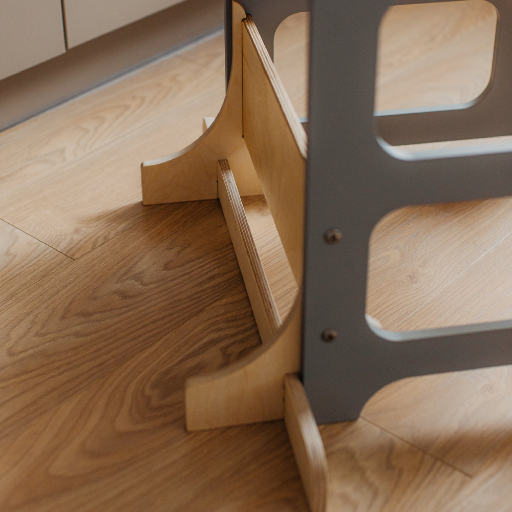 Foldable kitchen tower high chair with a slide