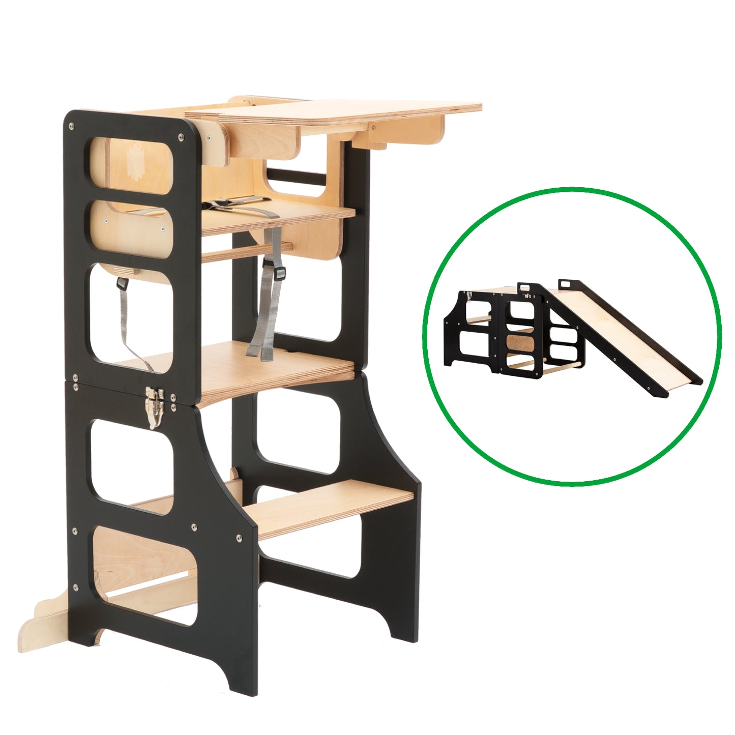 Foldable kitchen tower high chair with a slide