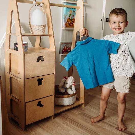 Clothing Rack with drawers (clothing shape holes) - Duck Woodworks