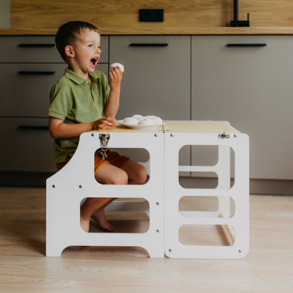 Foldable Kitchen Tower With a Slide - Duck Woodworks