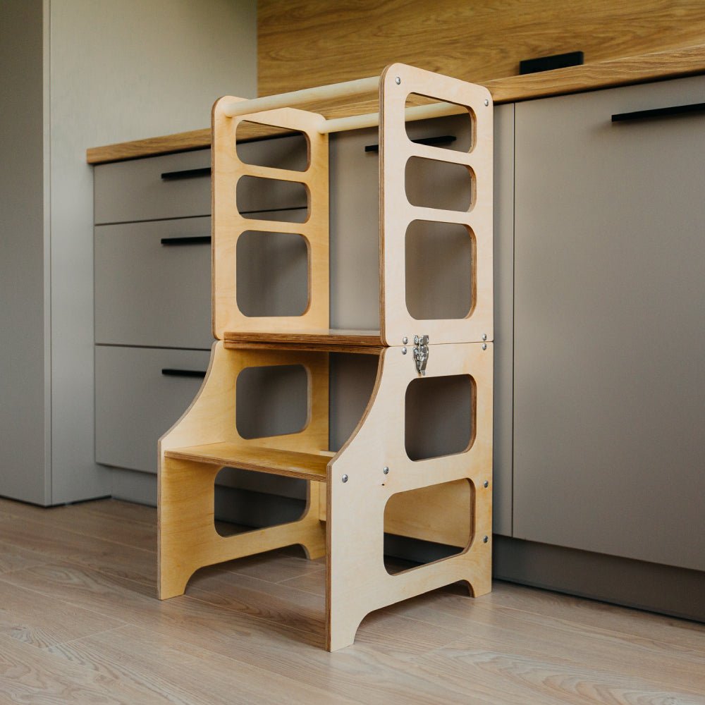 Foldable kitchen tower high chair with a slide - Duck Woodworks