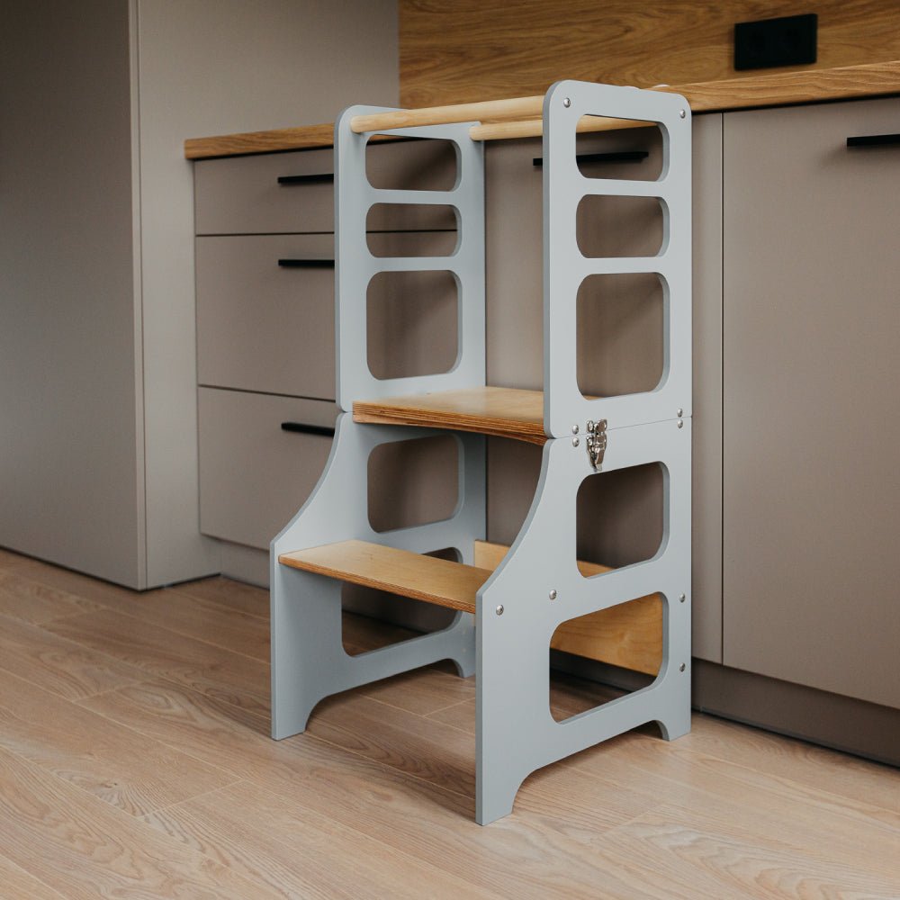 Foldable Kitchen Tower With a Slide - Duck Woodworks