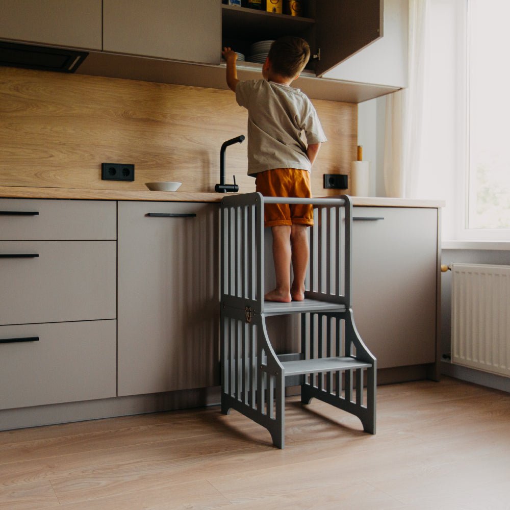 Foldable kitchen tower with slide (striped collection) - Duck Woodworks