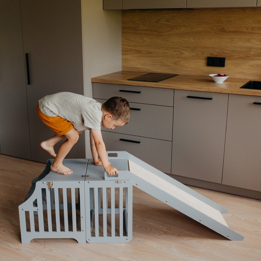 Foldable kitchen tower with slide (striped collection) - Duck Woodworks