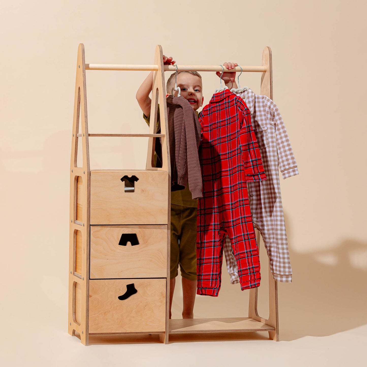 Clothing Rack with drawers (clothing shape holes)