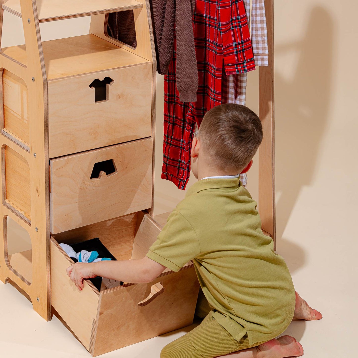 Clothing Rack with drawers (clothing shape holes)
