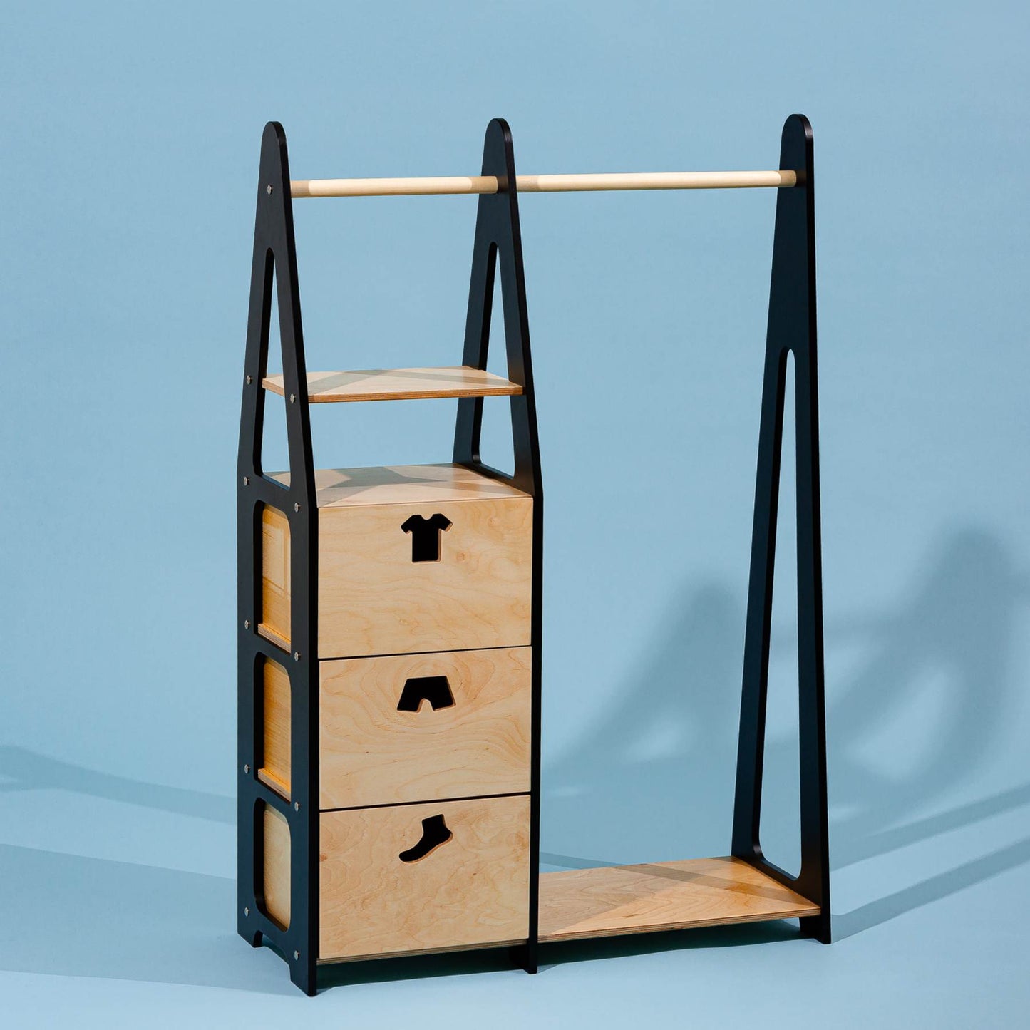 Clothing Rack with drawers (clothing shape holes)
