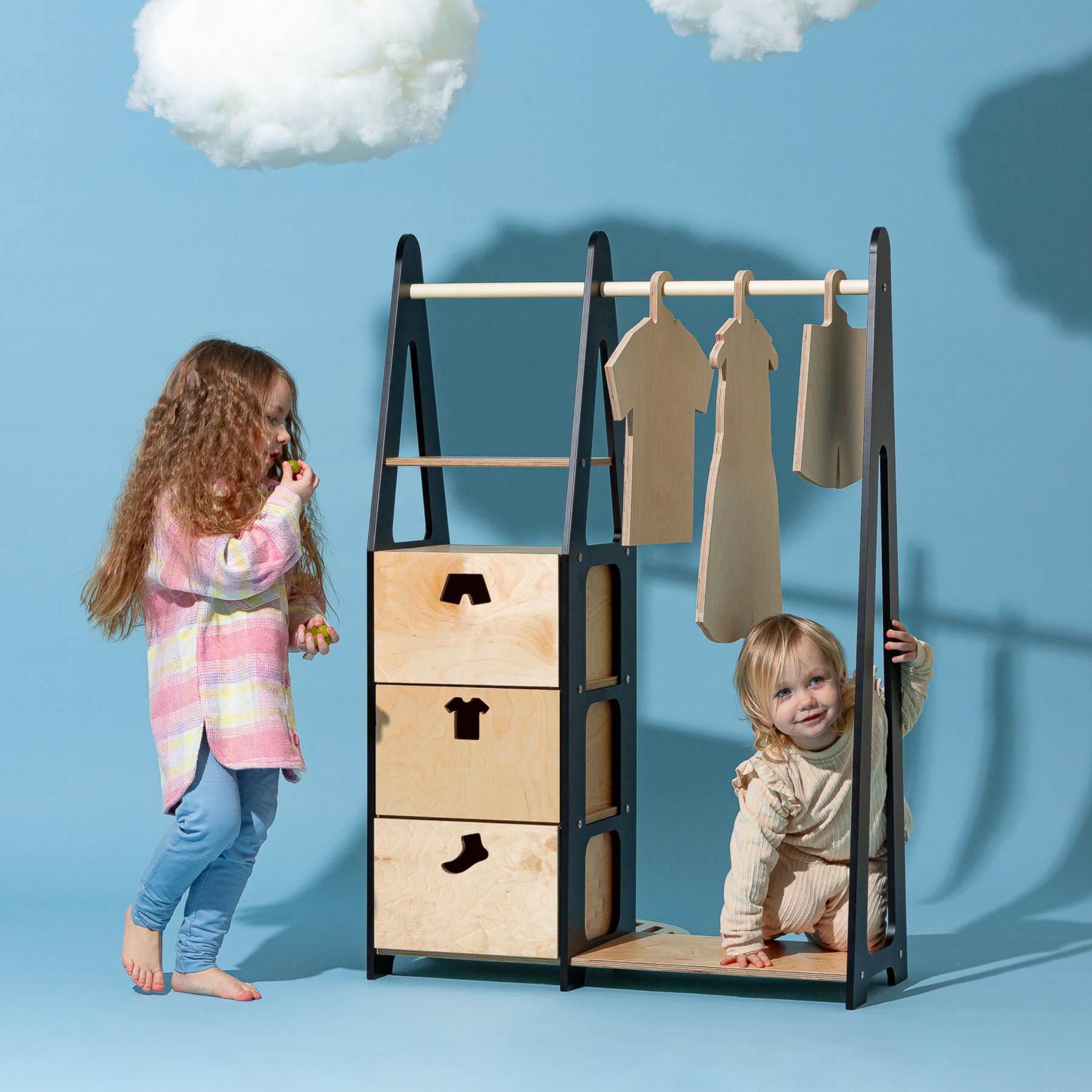 Clothing Rack with drawers (clothing shape holes) - Duck Woodworks
