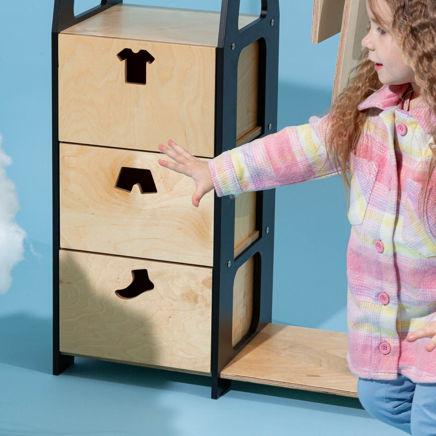 Clothing Rack with drawers (clothing shape holes)