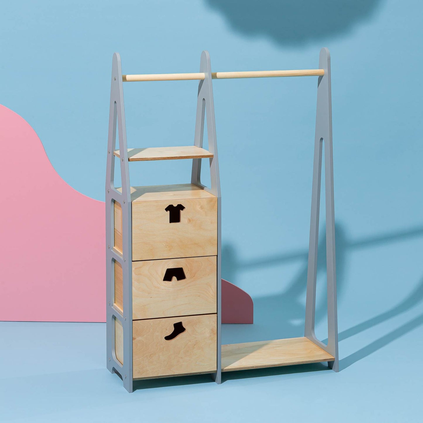 Clothing Rack with drawers (clothing shape holes)