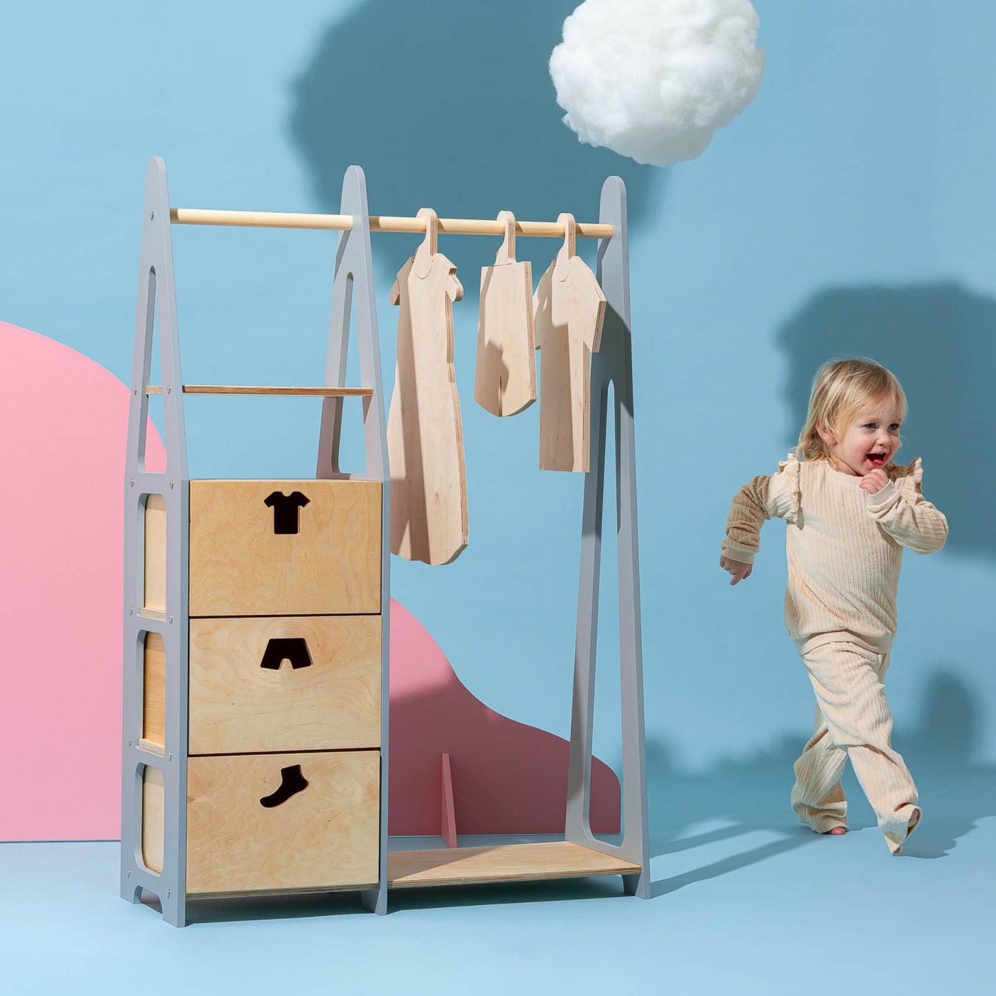 Clothing Rack with drawers (clothing shape holes)