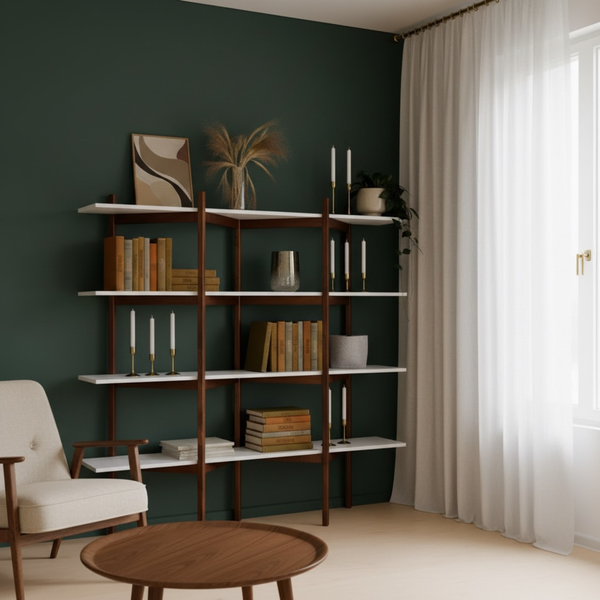 Mid-Century Modern Bookcase | White | Solid Pine Statement Shelf