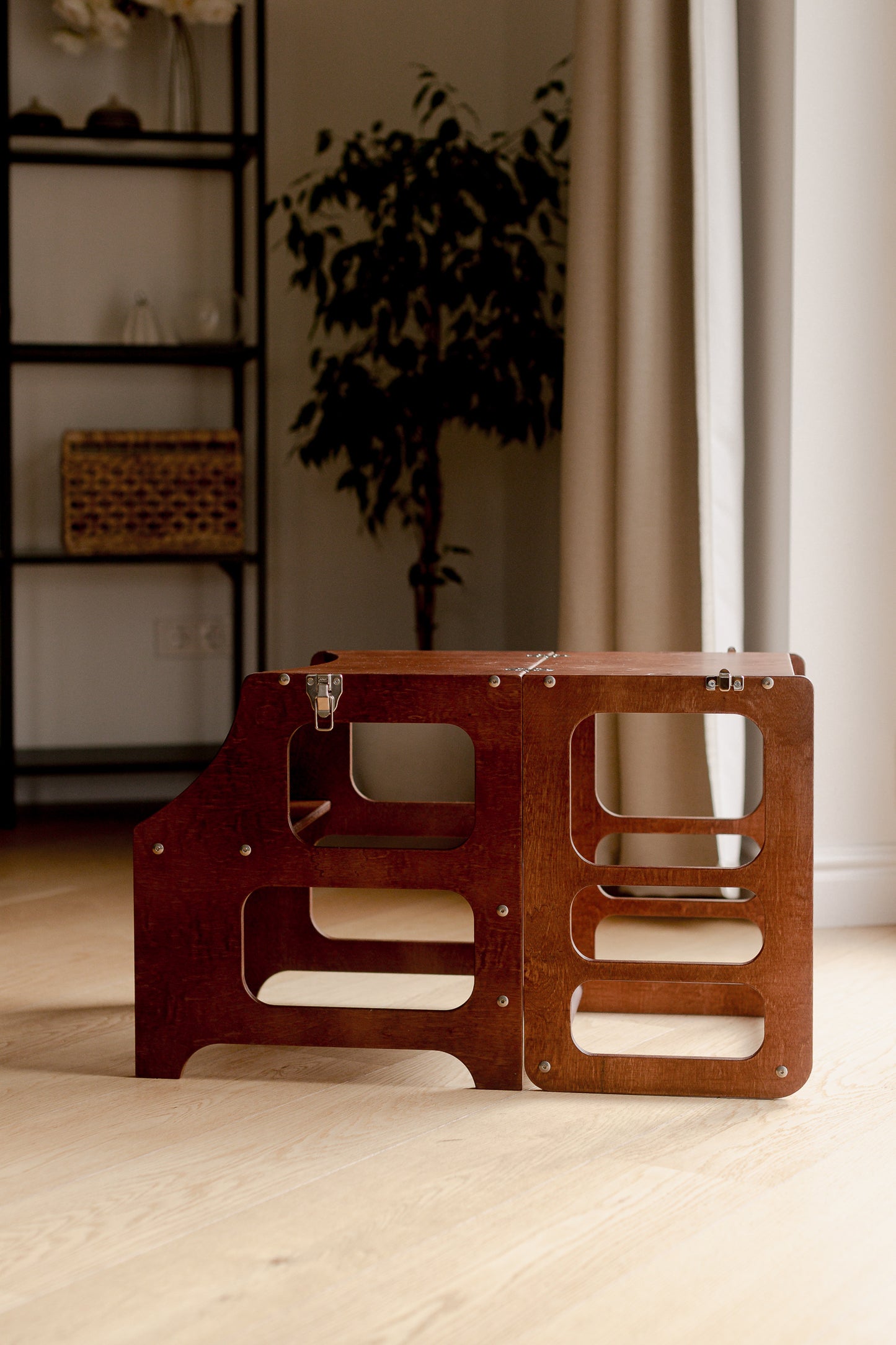 Brown Mid Century Modern Foldable Kitchen Tower Folded 2-in-1