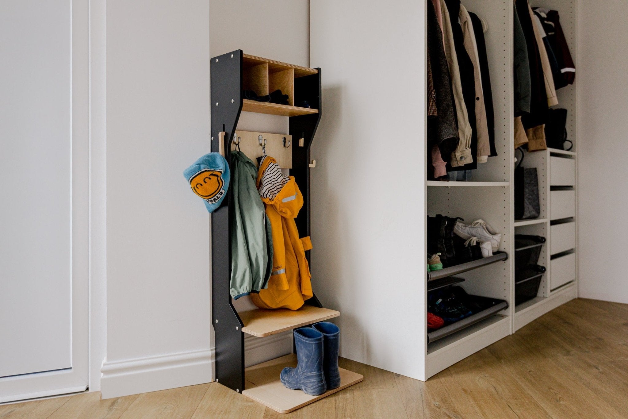 Children's Outwear Organizer – Sturdy Wood Frame Wardrobe - Duck Woodworks