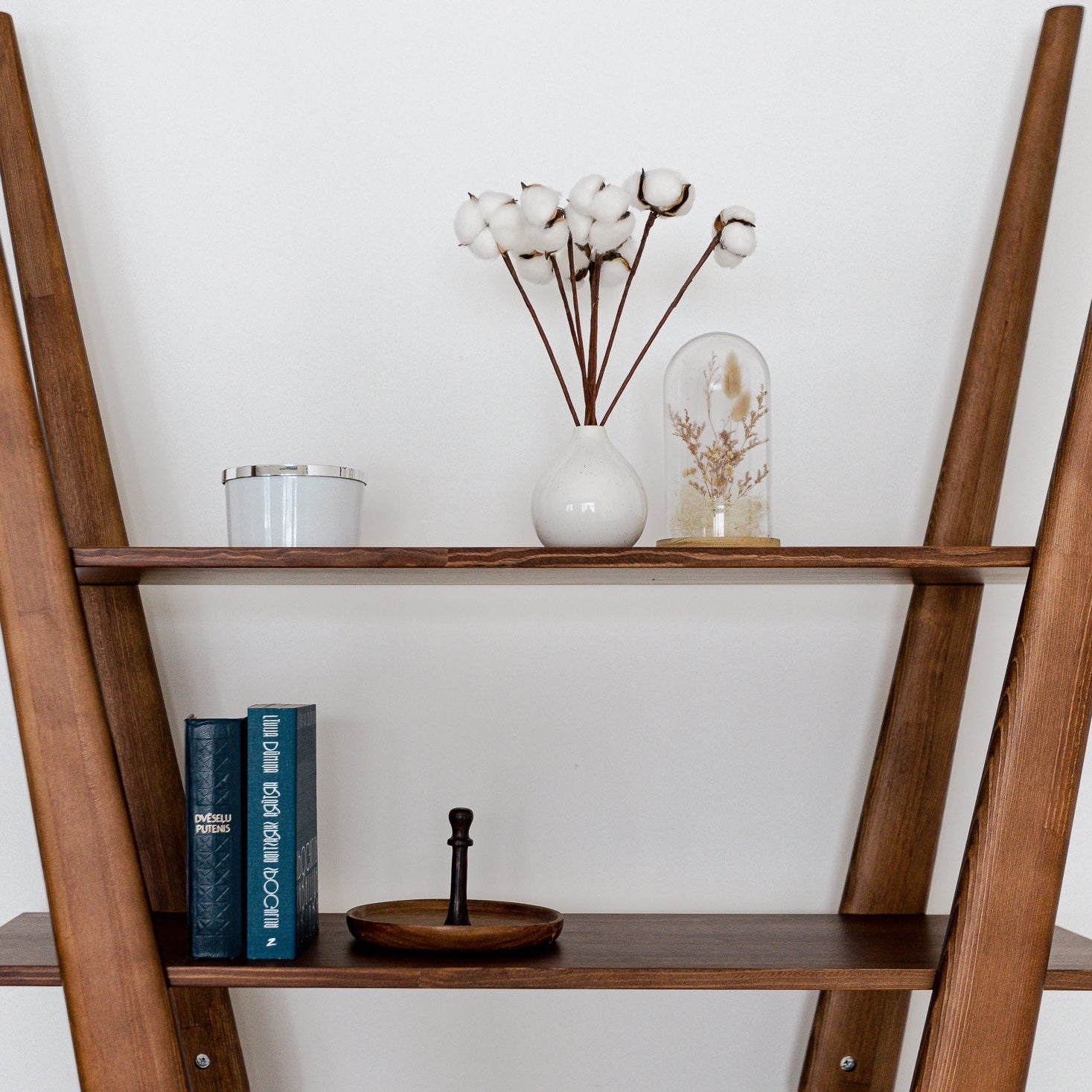 Wooden ladder shelf with decorative items against a white wall