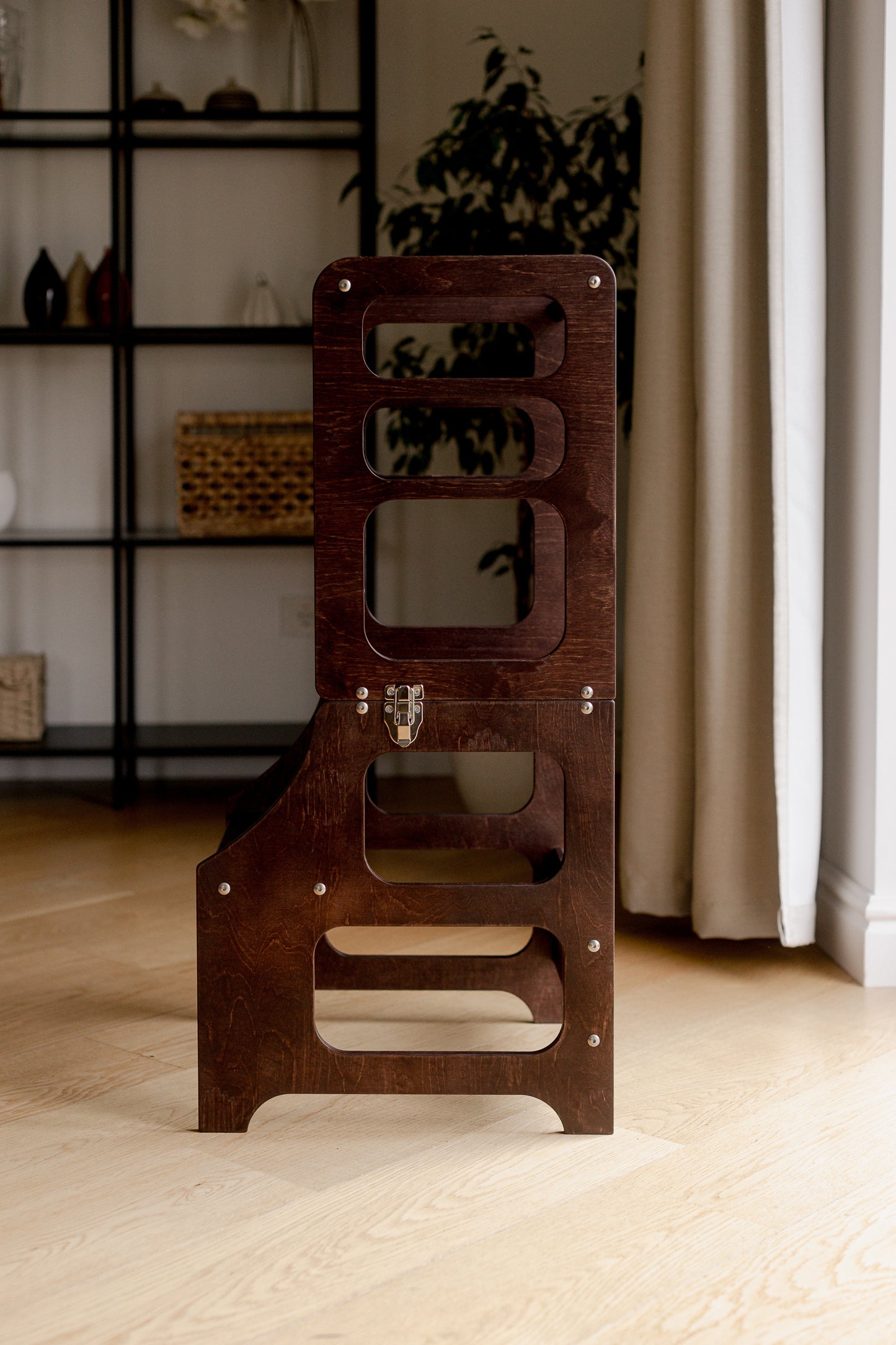 Dark Wood Mid Century Modern Foldable Kitchen Tower