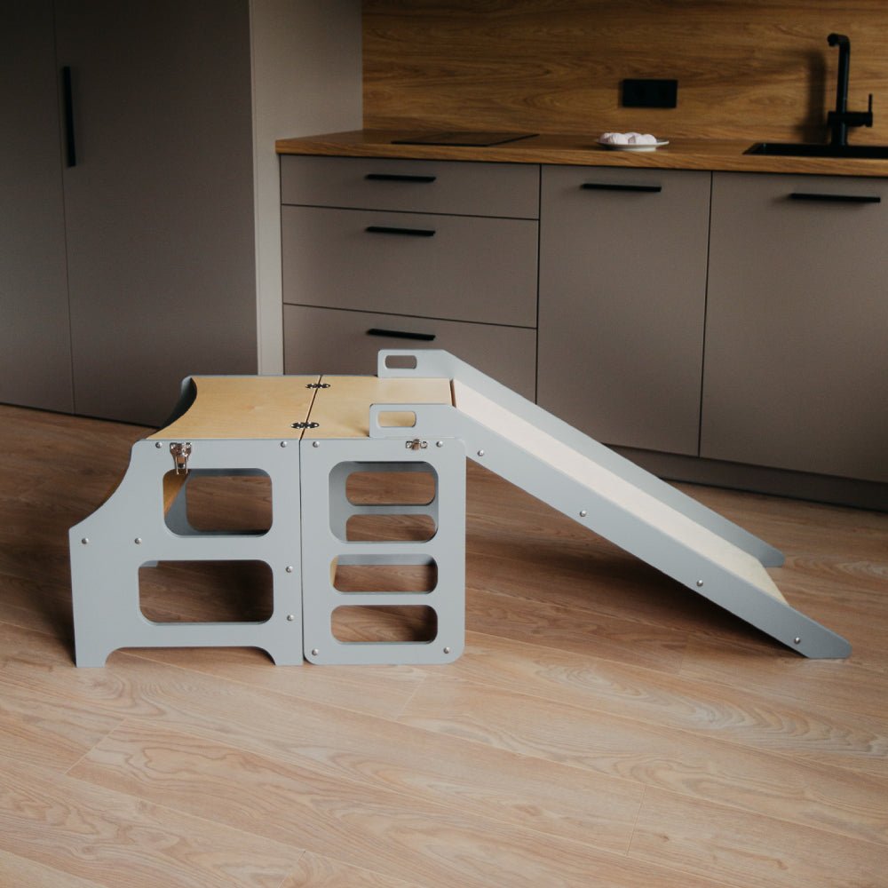 Foldable kitchen tower high chair with a slide - Duck Woodworks