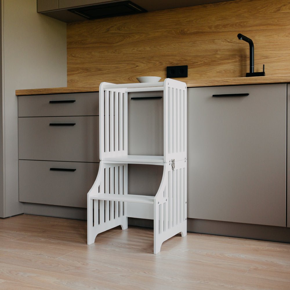 Foldable kitchen tower with slide (striped collection) - Duck Woodworks