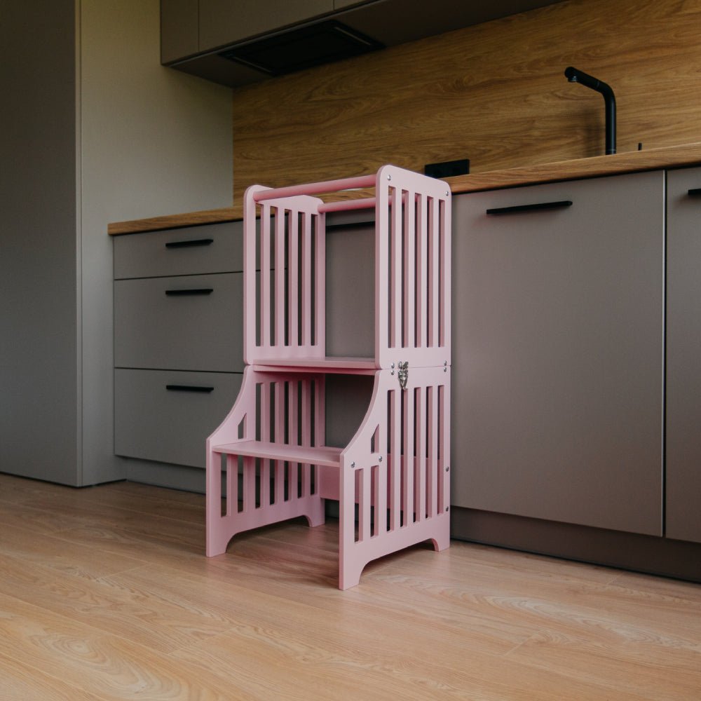 Foldable kitchen tower with slide (striped collection) - Duck Woodworks