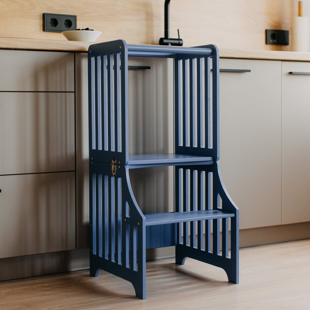 Foldable kitchen tower with slide (striped collection) - Duck Woodworks