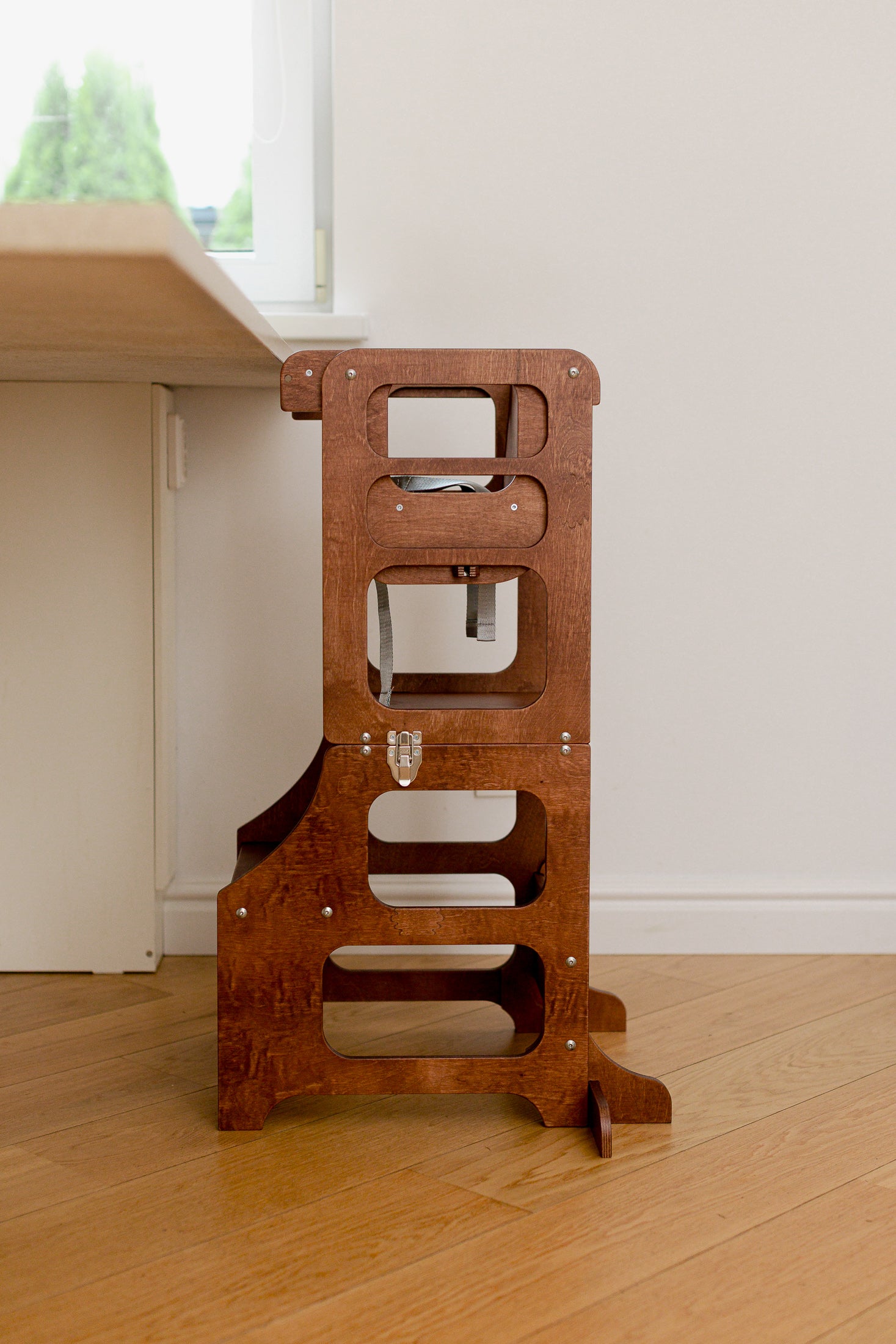 Mid Century Modern Foldable Kitchen Tower with a High Chair for a Toddler