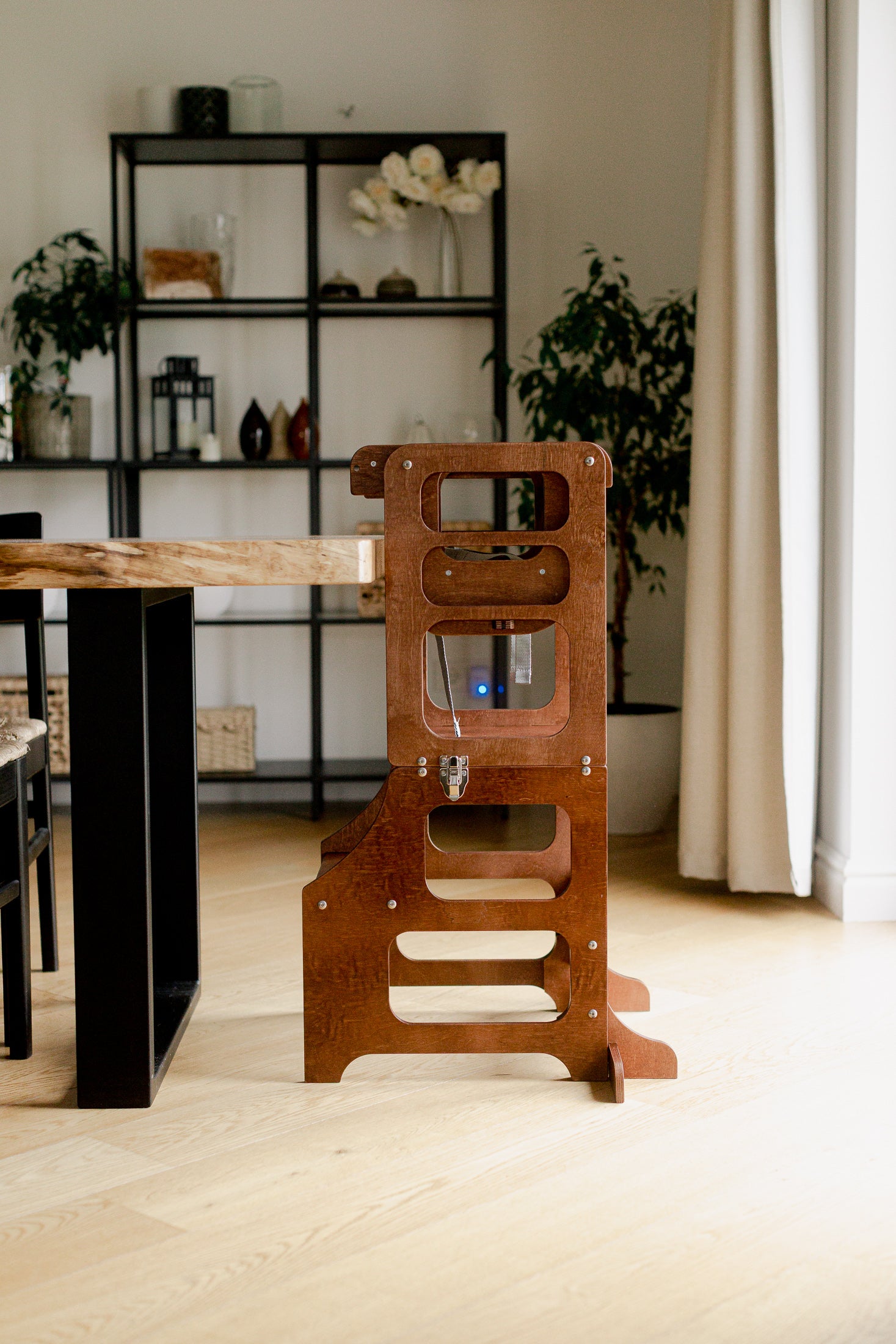 Mid Century Modern Foldable Kitchen Tower with a High Chair for a Toddler