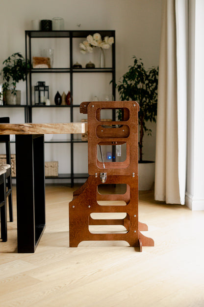 Mid Century Modern Foldable Kitchen Tower with a High Chair for a Toddler