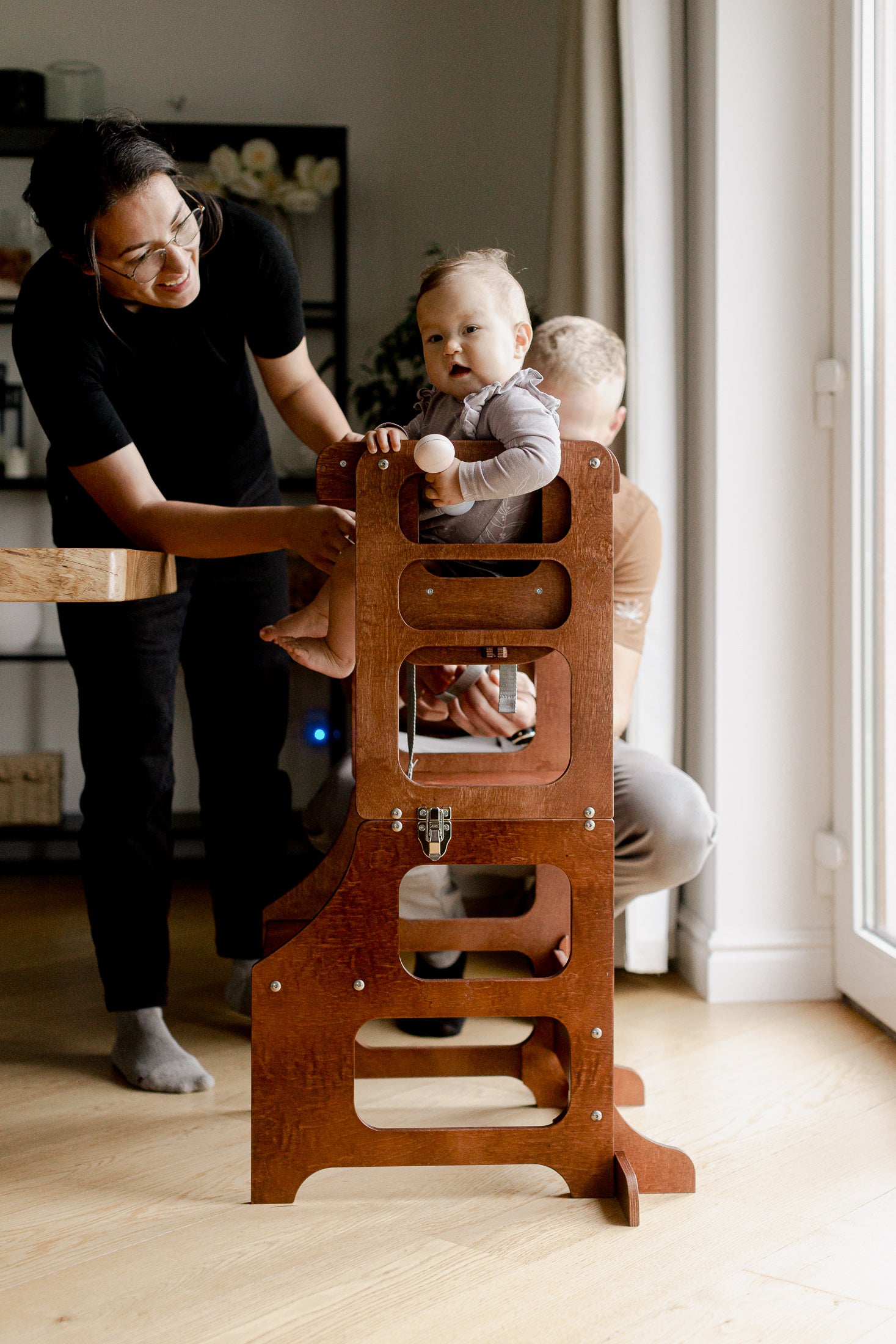 Mid Century Modern Foldable Kitchen Tower with a High Chair for a Toddler