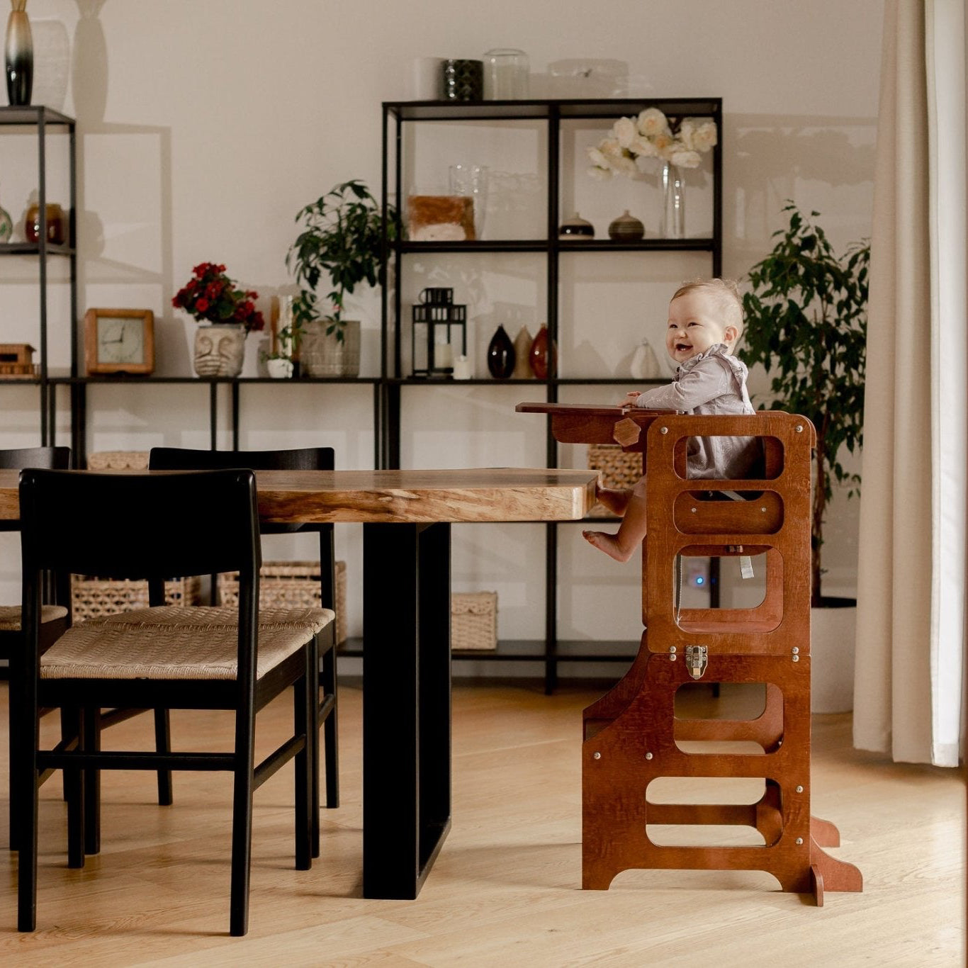Mid - Century modern foldable kitchen tower high chair - Duck Woodworks