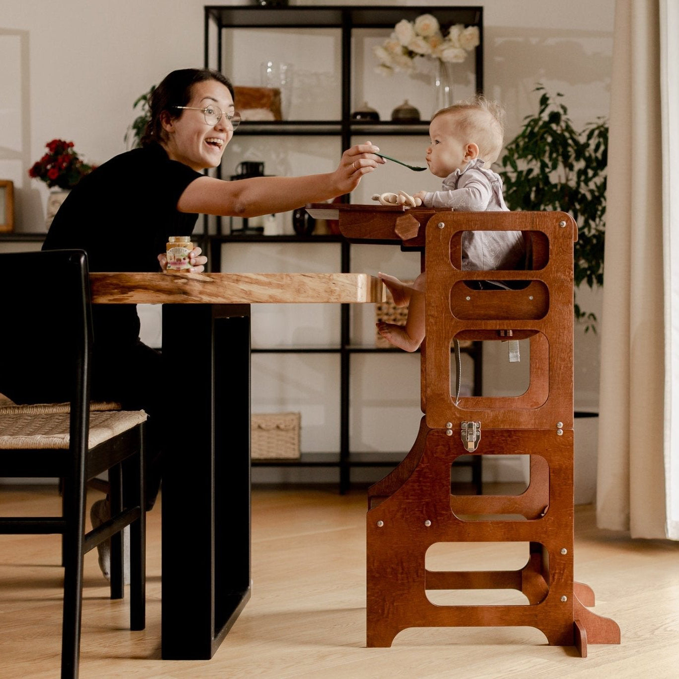 Mid-Century modern foldable kitchen tower high chair – Duck Woodworks