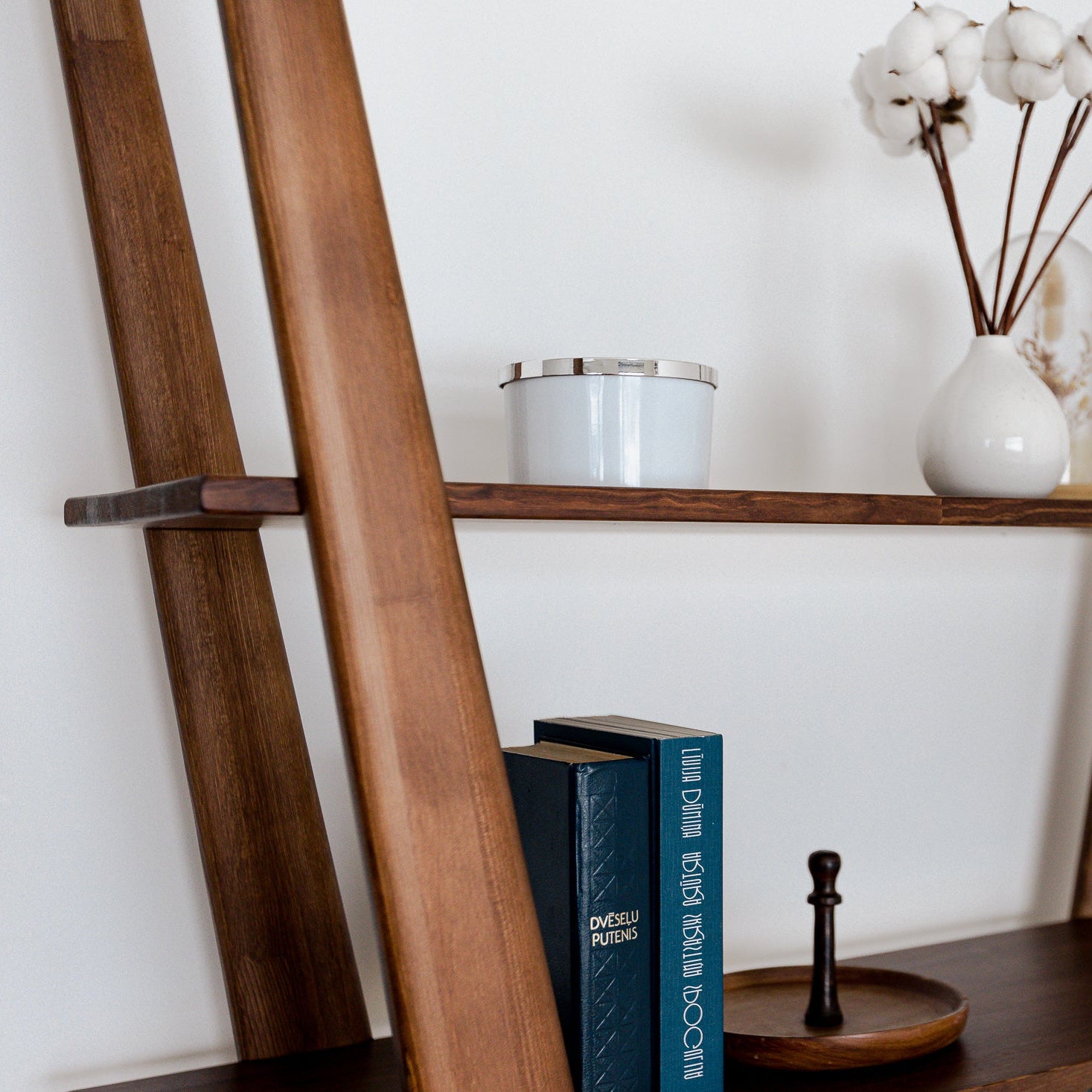 Wooden ladder shelf with books, a vase, and decorative items against a white wall.